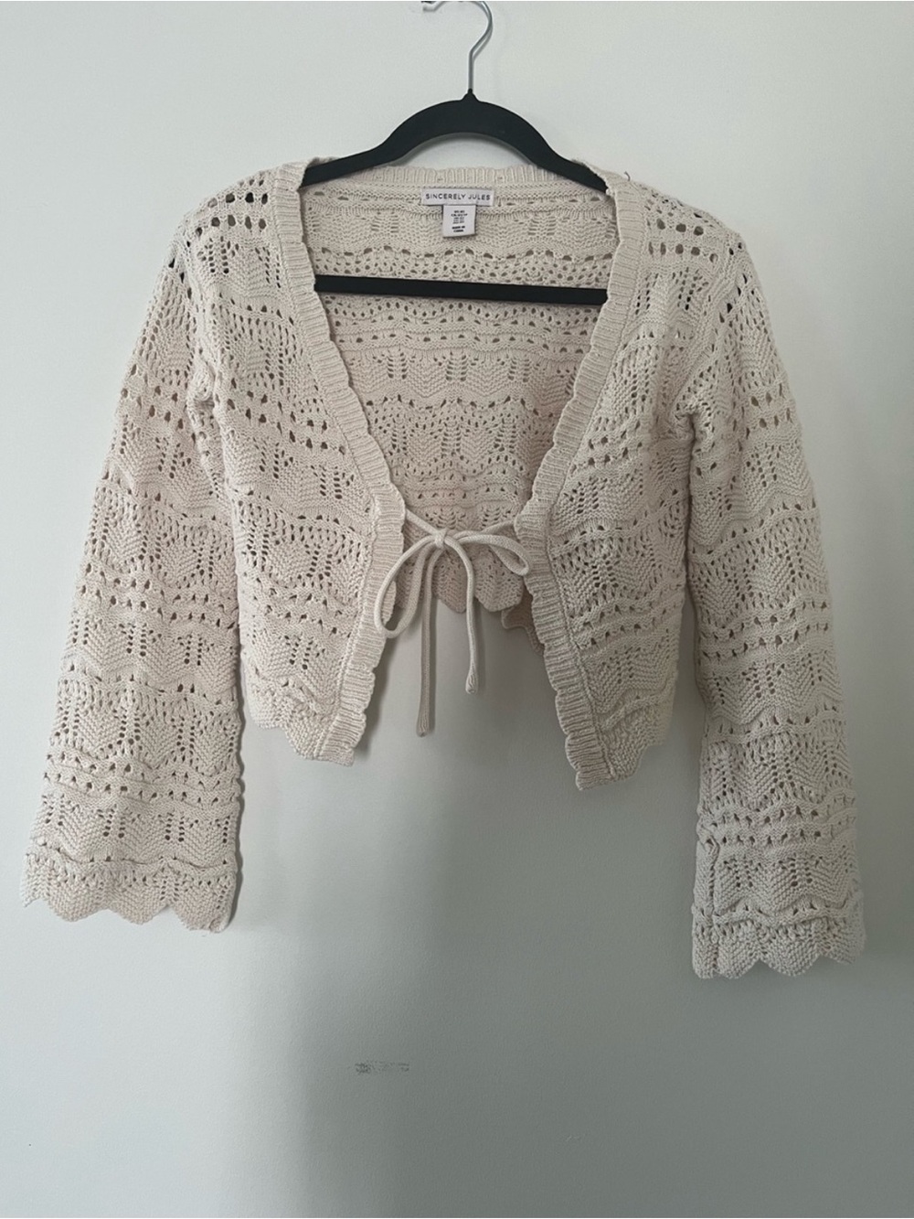Beige Cream Crochet Tie Front Cardigan XS Cotton